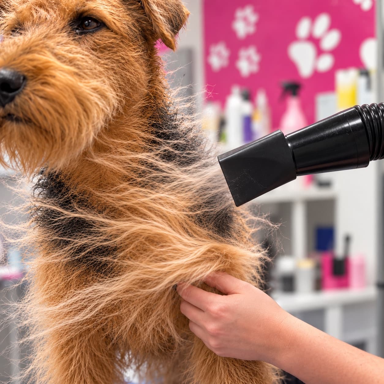 Airedale Terrier wird im Hundesalon Groomers World mit dem Hochleistungsföhn getrocknet