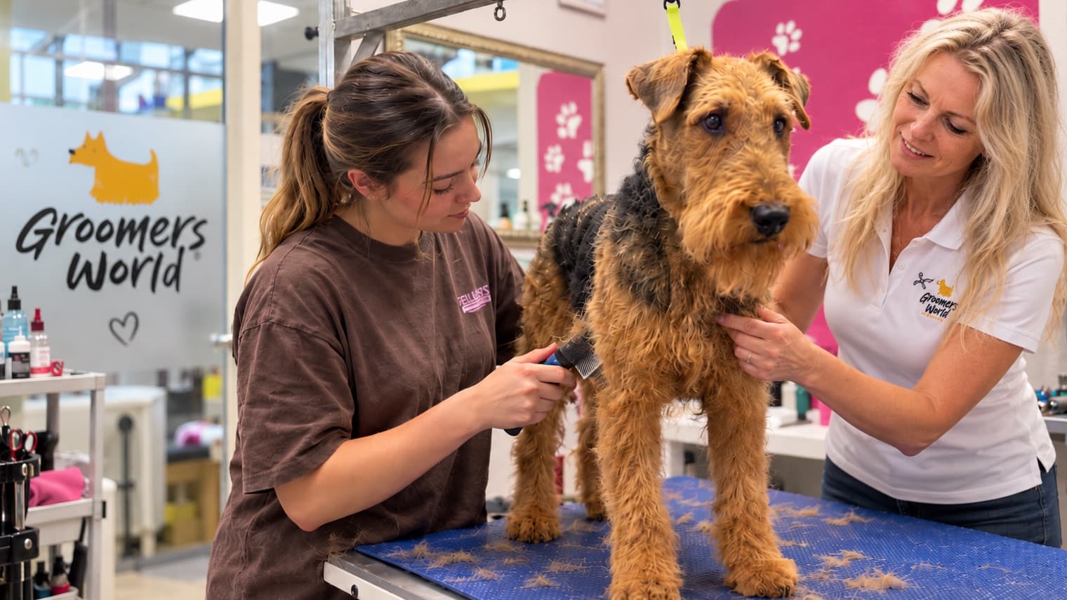 Ausbildung zum Hundefriseur bei Groomers World: Teilnehmerin bürstet einen Airedale Terrier, Martina Regele leitet an
