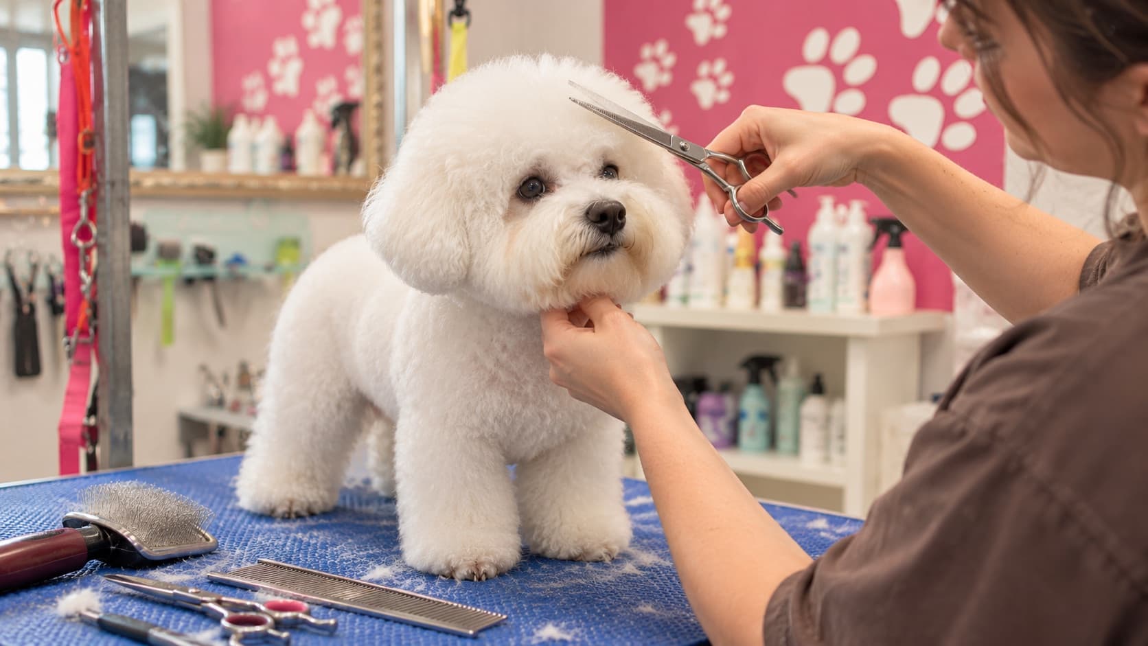 Groomerin schneidet einem Bichon Frisé mit der Schere den Kopf in Form, Kamm, Bürste und Scheren liegen auf dem Pflegetisch