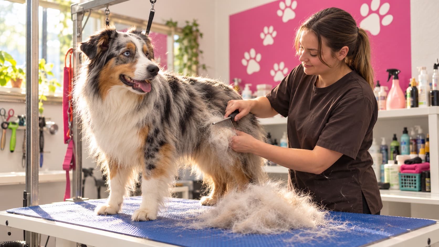 Groomerin kämmt einem Australian Shepherd im Fellwechsel die Unterwolle aus, ein großer Haufen Unterwolle liegt auf dem Pflegetisch