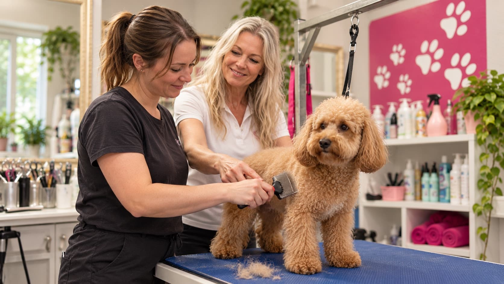 Quereinsteigerin lernt bei Groomers World, einen Pudelmischling zu bürsten – Martina Regele zeigt die richtige Bürstenhaltung