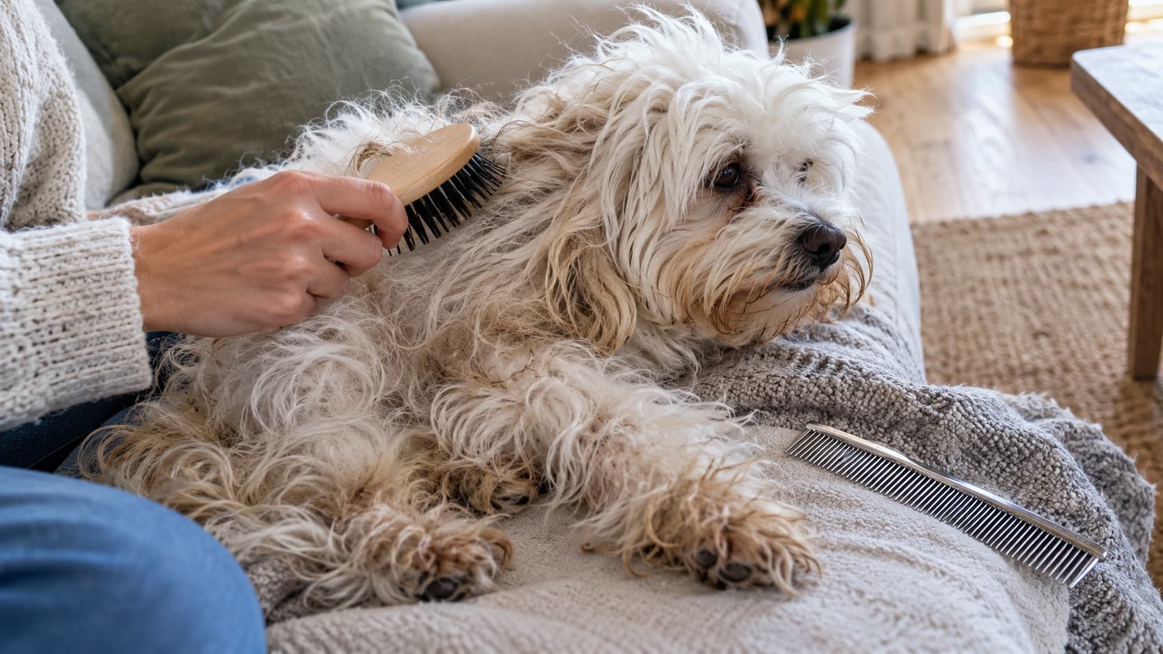 Hund mit verfilztem Fell auf dem Sofa wird zu Hause mit einer einfachen Bürste gebürstet, daneben liegt ein Metallkamm