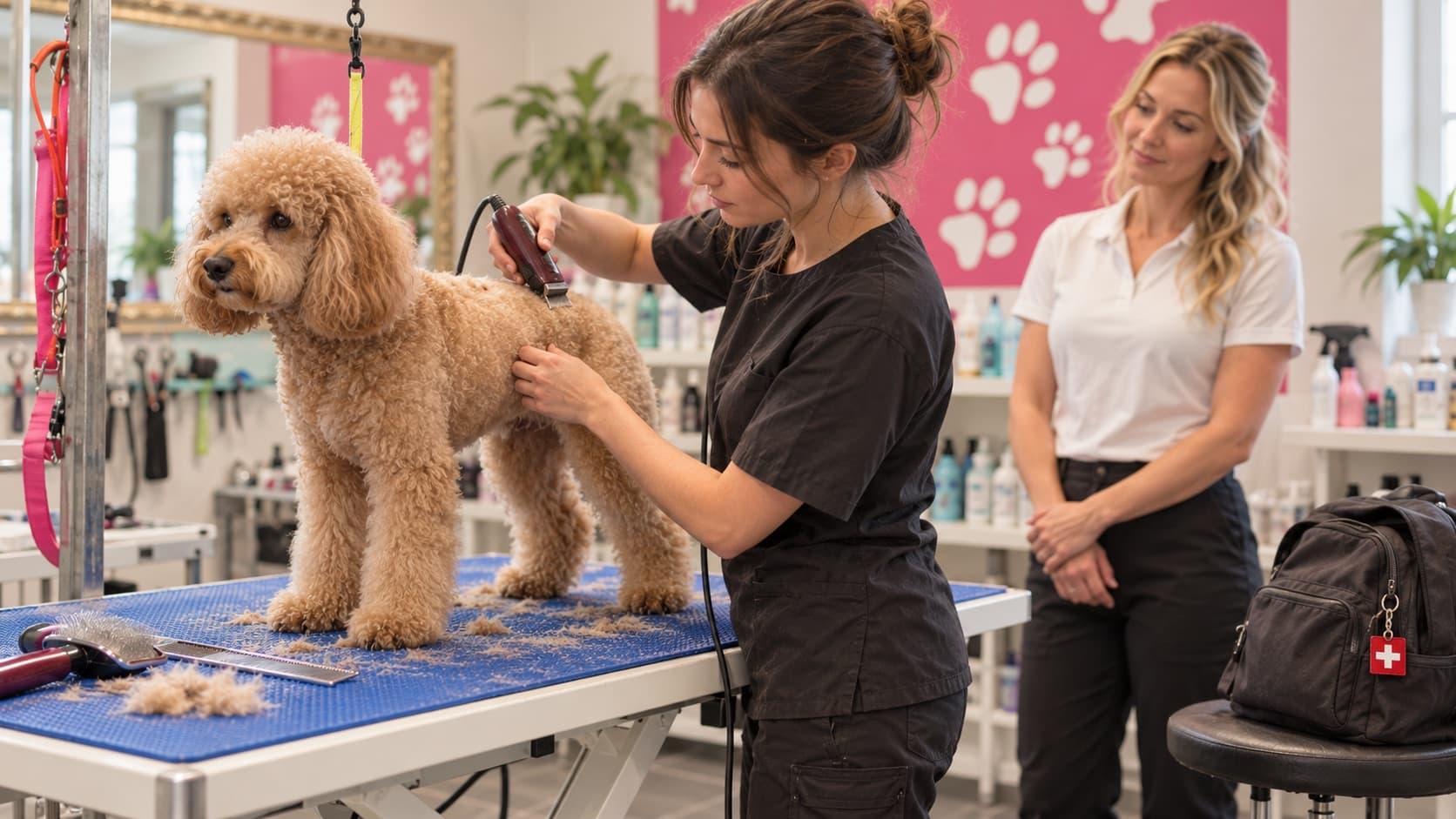 Teilnehmerin aus der Schweiz schert einen Pudel im Salon von Groomers World, Martina Regele schaut zu