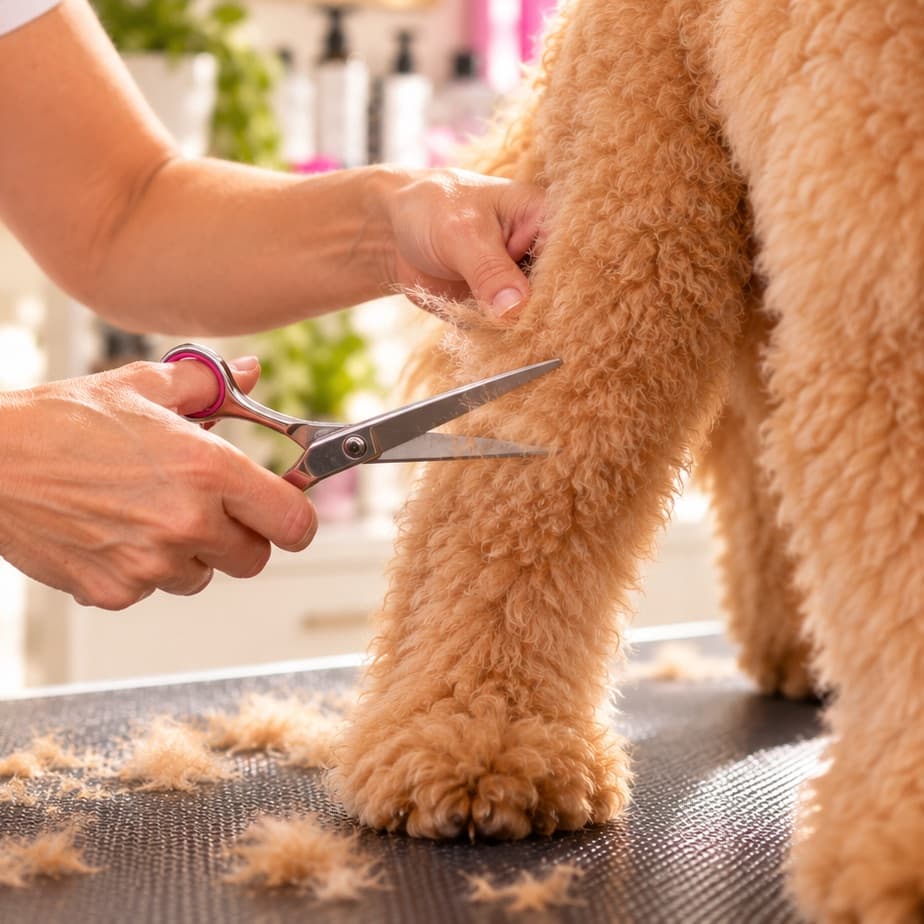 Martina Regele schneidet das Fell an einem Hundebein mit der Schere in Form