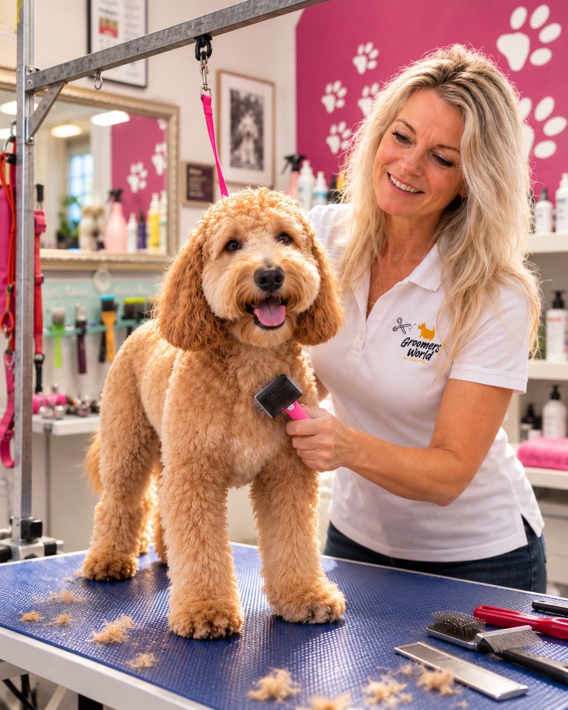 Martina Regele bürstet einen Goldendoodle auf dem Pflegetisch im Hundesalon Groomers World