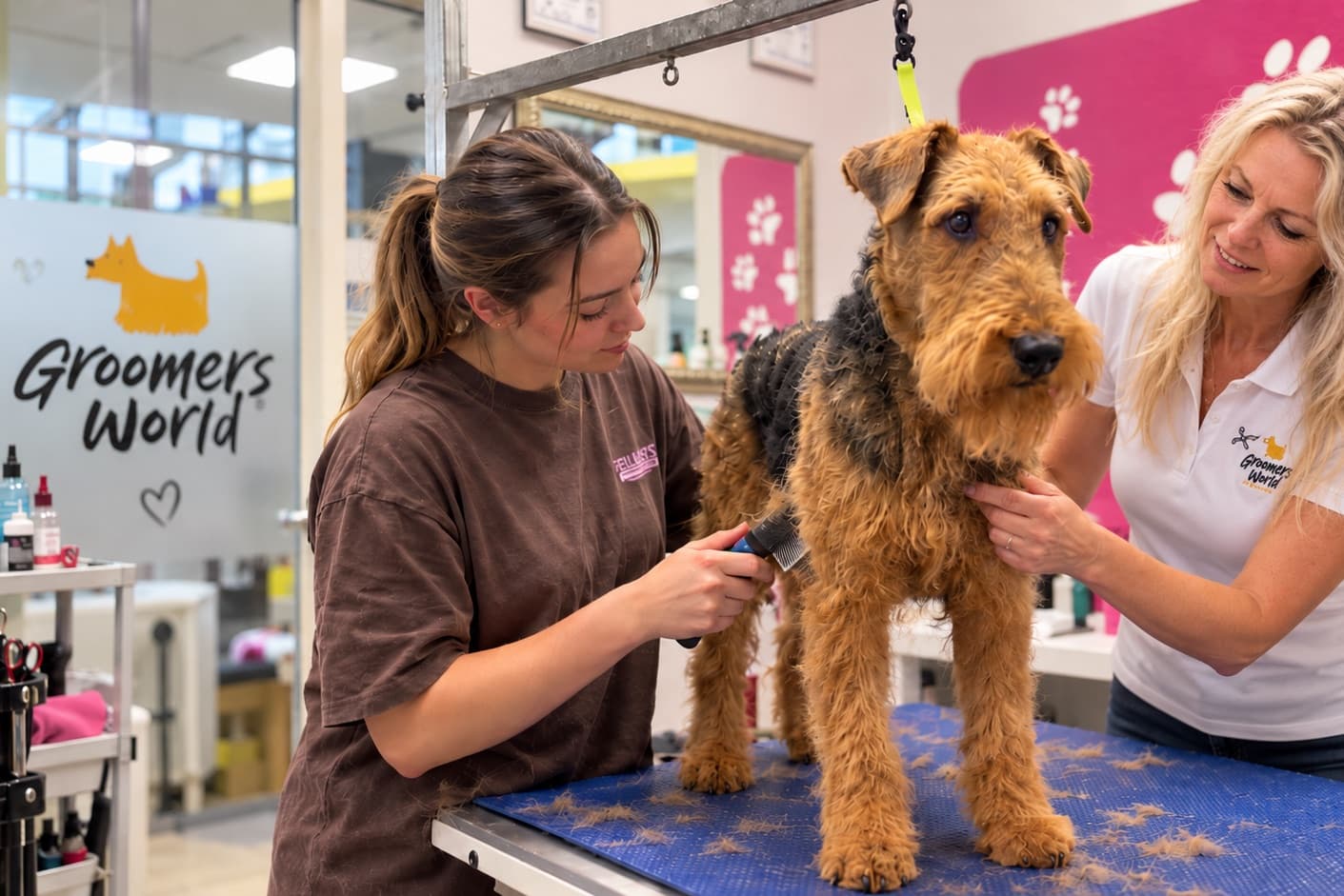 Teilnehmerin der Scherschule Groomers World bürstet einen Airedale Terrier, Martina Regele leitet an