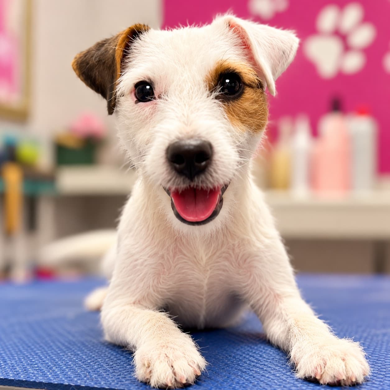 Fröhlicher Jack Russell Terrier nach der Pflege auf dem Pflegetisch
