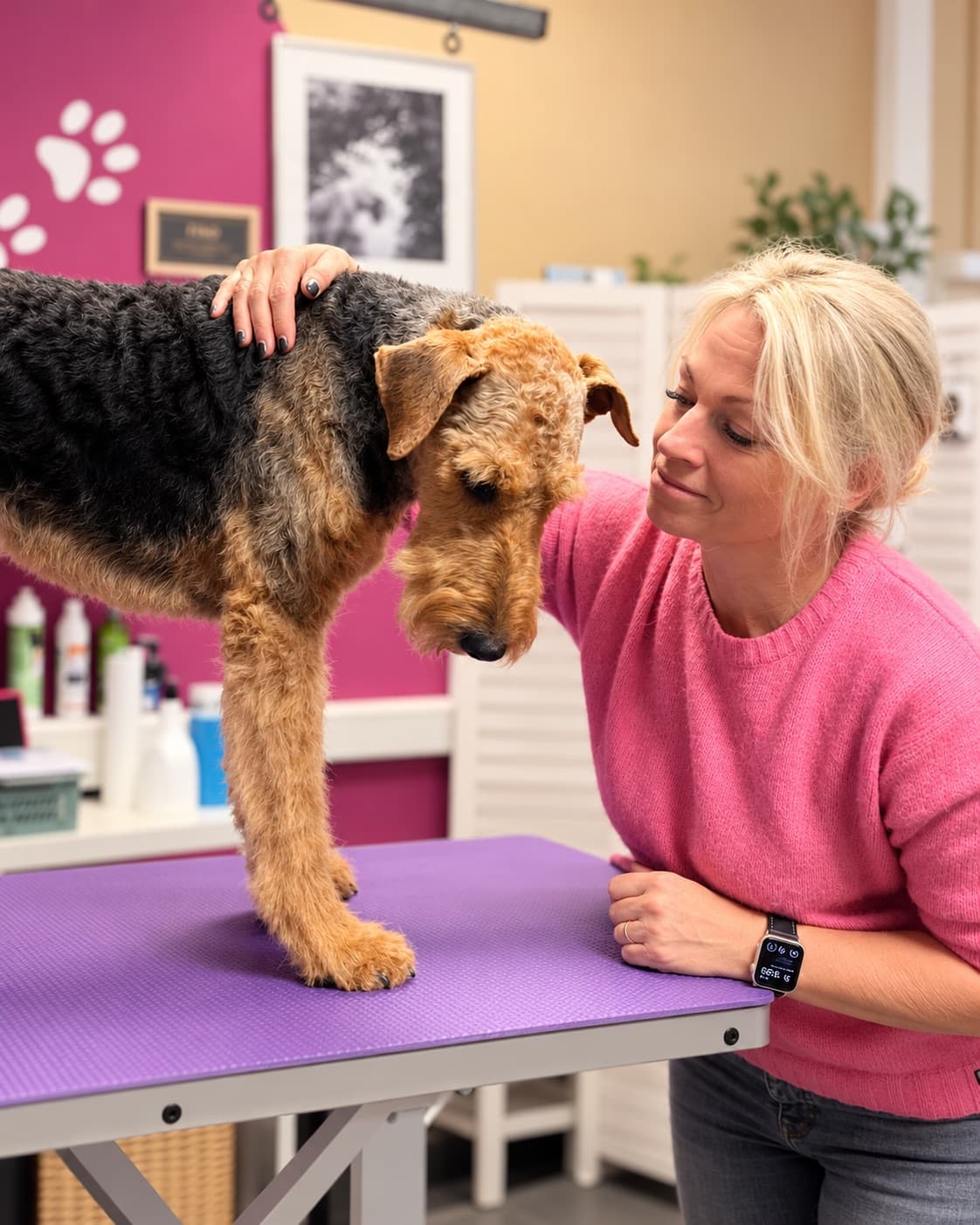 Martina Regele, Master-Groomer und Inhaberin von Groomers World, mit einem Airedale Terrier auf dem Pflegetisch