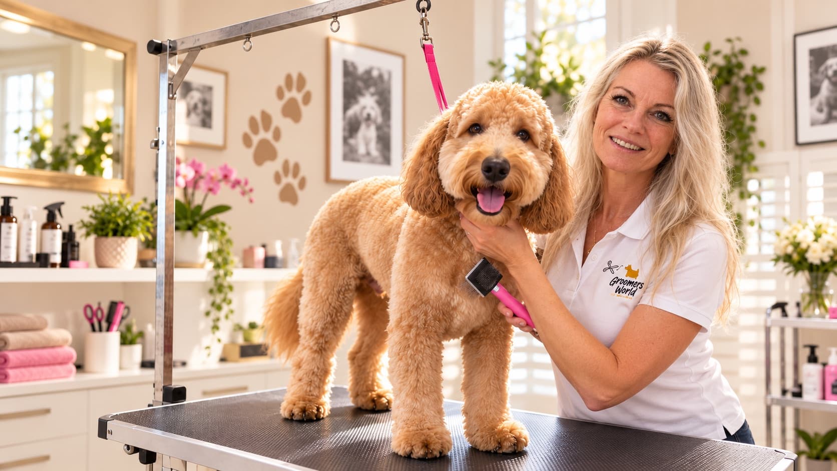 Martina Regele mit einem Goldendoodle auf dem Pflegetisch im Hundesalon Groomers World