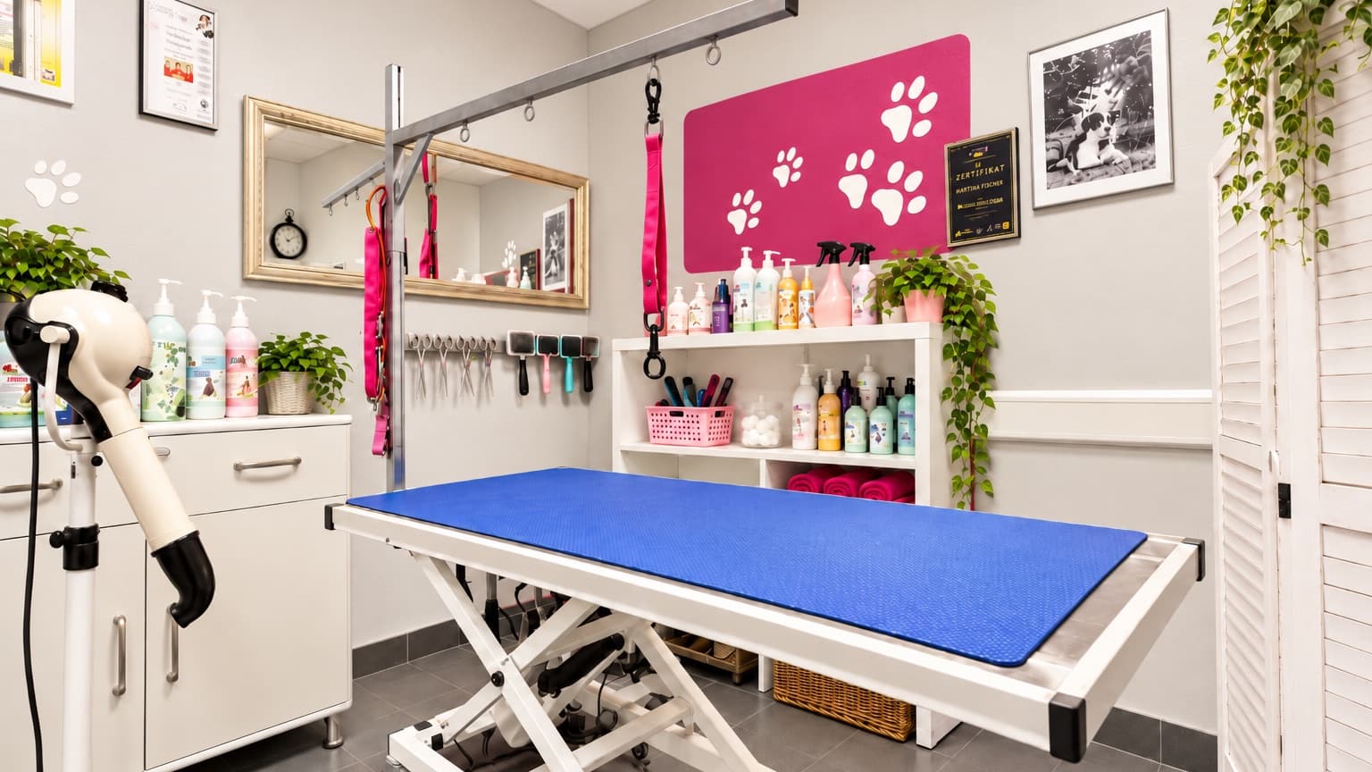 Eingerichteter Pflegeplatz in einem Hundesalon mit hydraulischem Pflegetisch, Föhn und Produktregal
