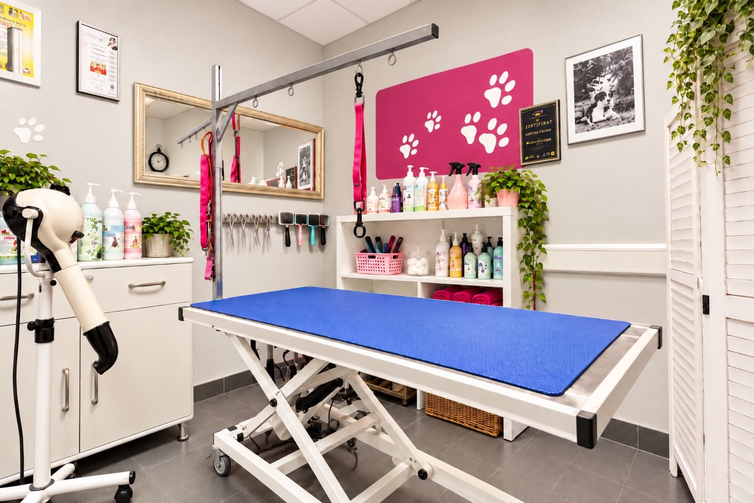 Pflegeplatz im Hundesalon Groomers World in Villingen-Schwenningen: höhenverstellbarer Tisch, Pflegeprodukte und Werkzeug